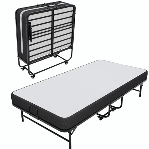Brinlawb Gästebett Klappbar 90x200 cm mit 10cm Dicker Schaumstoff Matratze Klappbett 90x200 Erwachsene Langlebiger & Robuster Metallbettrahmen mit 4 Laufrollen Faltbares Reisebett bis 200 kg belastbar