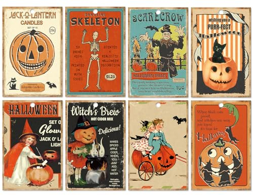 Whaline Halloween-Geschenkanhänger mit Seil, Vintage, böser Kürbis, Skelett, Hexe, Papieranhänger, Horror, Urlaub, Hängeetiketten für Geschenkverpackungen, Bastelarbeiten, 8 Designs, 120 Stück