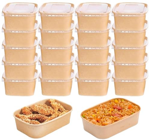 20 Pezzi Ciotola Di Carta, Contenitore Per Insalata Di Carta, Contenitori In Cartone Per Alimenti, Contenitore Per Alimenti Asporto, Impermeabile, Resistente All'Olio, Viaggio, 750ml (con Coperchio)