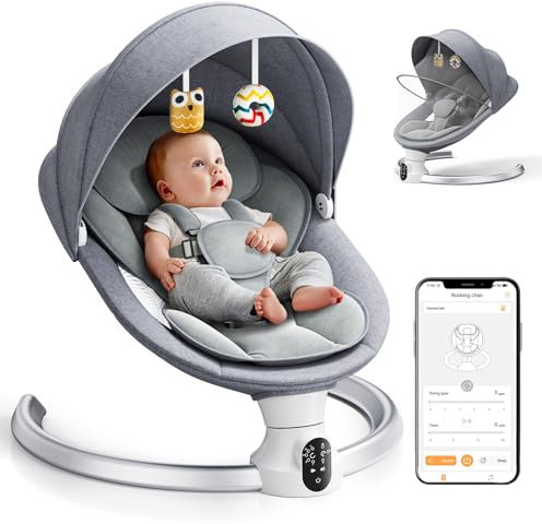 Electric Baby Bouncer Chair for Infants, APP Remote Control Baby Swing with 5 Point Safety Harness 5 Swing Speeds 3 Timers and 10 Music, Automatic Rocker for Newborn 0-6 Month Max 9 kg