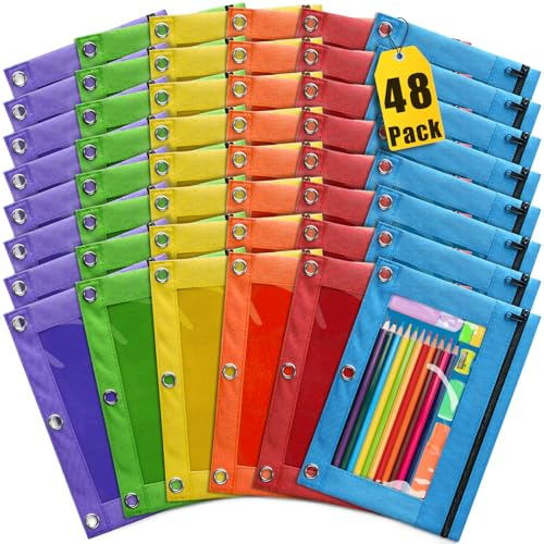 Pencil Pouch for 3 Ring Binder, 48 Pack Pencil Pouches with Zipper & Clear Window - 6 Assorted Color, Pencil Case Bulk for 3-Holes Binder, Multi-Purpose Storage Bag for Office, School Supplies (48)