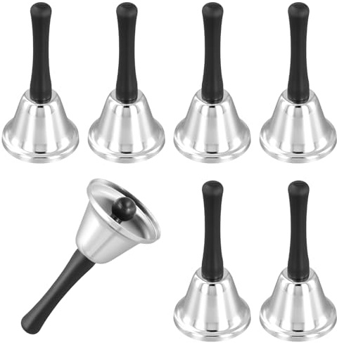 FUNSUEI 7 PCS Stainless Steel Hand Bell, Small Metal Hand Bells, Loud Held Bell for Services, Receptions, Kitchens, Dinner Bells, 13cm