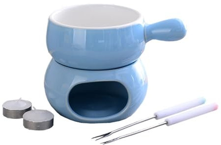 KANLVU Cerámica Set De Fondue para Queso Chocolate Caliente con 2 Tenedores Y 2 Candelitas Chocolate Fondue para Mojar Fresas O Tapas(Azul)