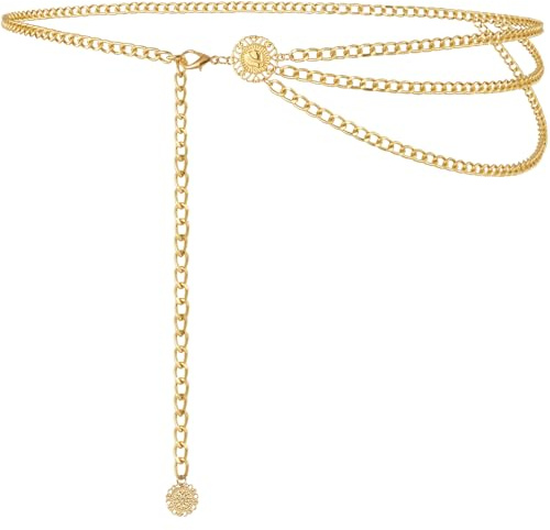Alaoo Moda Cinturón De Cadenas Para Mujer, 115CM Cinturón de Cadena de Metal Dorado Estilo Occidental, Vintage Ajustable Cadena de Cintura del Vientre Para Fiesta, Boda D