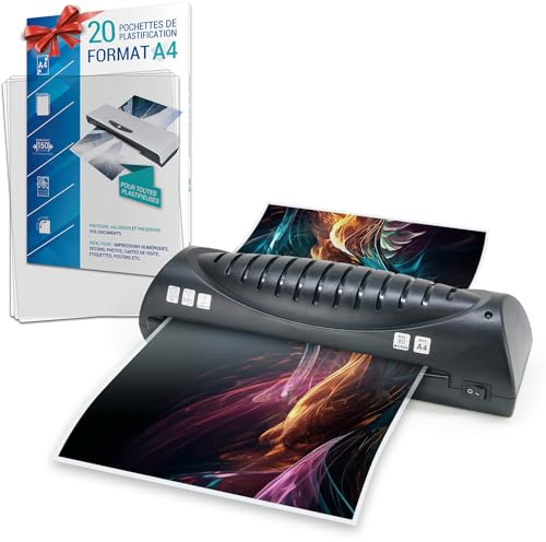 Plastificatrice A4 con 20 buste A4 incluse, macchina per plastificatrice a caldo A4A5 A6 con starter kit di avviamento, per ufficio casa scuola
