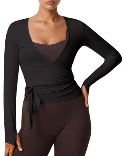 Y2k Ballet Wrap Top Manga Larga Cuello en V Profundo Slim Fit Yoga Pilates Ballet Entrenamiento Tops Sexy Opaco Suave Vendaje Camisa Monocolor Blusa Envolvente Ropa de Danza Ropa de Baile