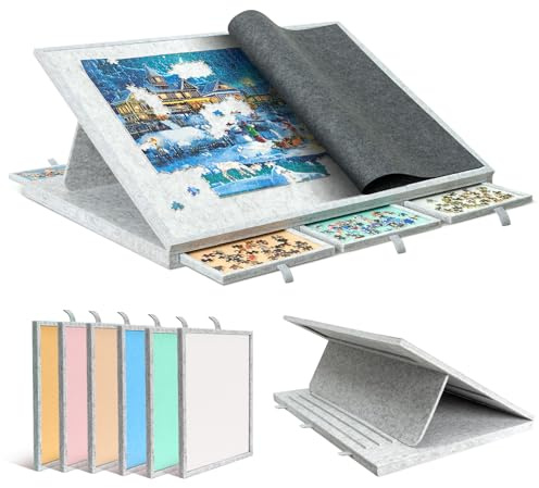 Becko US Tablero de rompecabezas inclinable y giratorio de 1500 piezas con 6 cajones de colores y cubierta, mesa de rompecabezas con almacenamiento para adultos, ligera y portátil, para rompecabezas