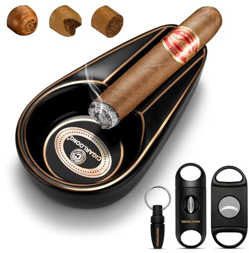 Cendrier à cigares en céramique avec coupe-cigare en V, guillotine à double lame et foret tranchant, cendrier incassable pour l'extérieur et l'intérieur (Noir)