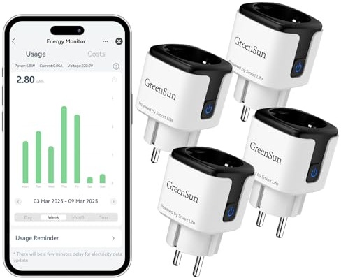 GreenSun Stromzähler für Steckdose Wlan Steckdose - Smart Life app Smart Home Stromverbrauch Energiekostenmesser Zeitschaltuhr Timer Plug Sprachsteuerung mit Alexa & Google Wifi Stecker Schwarz 4PC