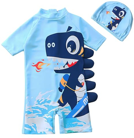 dellyy Bañadores de Una Pieza Niño UV 50+ con Gorra, Traje de Baño Niño de Manga Corta con Cremallera y Botones a Presión, Bañador Bebé Protección Solar para Playa y Piscina