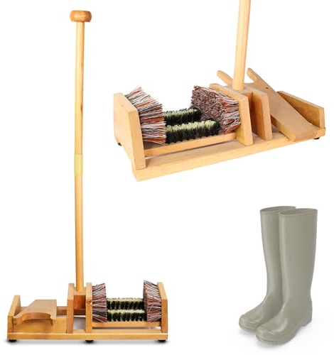 Stiefelknecht / 4 Bürsten - Stiefelzieher mit langem Holzgriff zum Aufstützen - Bürste, Abkratzer, Schuhreiniger - Praktisch, um Stiefel leicht auszuziehen - 90 CM - Holz