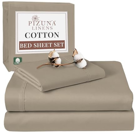 Pizuna 100% Cotton Single Bed Sheet Set Simply Taupe 400 Thread Count | 400 Thead Count Long Staple Cotton Bedding, 180x280 cm, Soft Sateen 3 Pc - Fitted Sheet & 1 Pillowcase