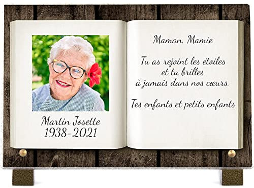 PHENIX | Plaque Funéraire Livre, Plaque Funéraire Livre Funéraire Personnalisable en Pierre (30x20 cm) - Plaque mortuaire - Texte + Photo 100% Personnalisable - Résistante aux UV - Livre Funéraire