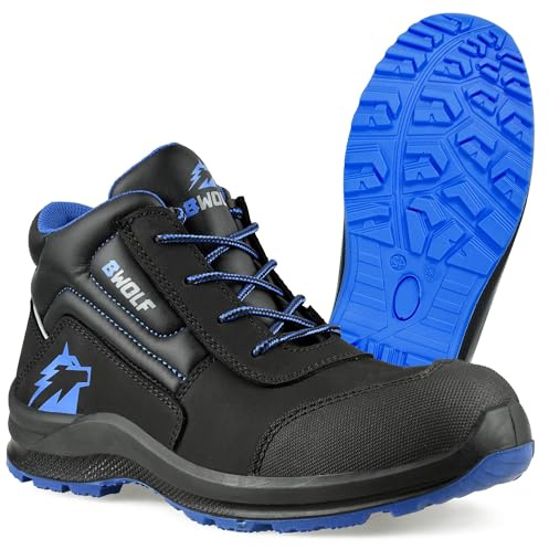 BWOLF Spire, scarpe da lavoro da uomo S3 High antinfortunistiche da uomo S3, impermeabili, resistenti all'olio, antiscivolo 4 x 4 Grip Tech, suola Ergo, Blu Nero Alto, 45 EU