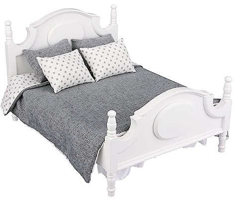 Dollhouse White Queen Bed for 12 Inch Dolls, Mini Wooden Bed with Grey Bedding, Realistic Bedroom Accessories, 1:6 Scale