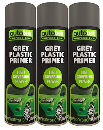 AutoTek Grey Plastic Primer Multi-Purpose Aerosol Spay Paint 500ml x3