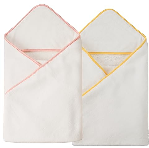 Polyte - Premium-Baby-Badetuch - Kapuze - hypoallergene Mikrofaser - Weiß mit gelbem und rosa Basatz - 91,4 x 91,4 cm - 2 Stück