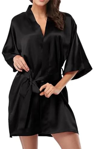 ROSVAJFY Kimono Sexy Raso Mezza Manica Donna,Vestaglia Elegante Seta,Accappatoio Vestito Morbido Scollo a V,Lingerie Sposa Ampia,Camicia Notte Cintura,Indumenti Notte Abito Corto Satin Pigiama (Nero)