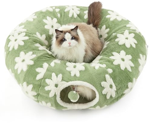 Lesure Cat Tunnel Bed for Indoor Cats - Cute Cat Donut Tunnel Toys for Small Large Cats with Washable Circle Cushion, Round Pet Peekaboo Cave Toy for Kitten/Puppy/Rabbit, Standard Flower Garden Green