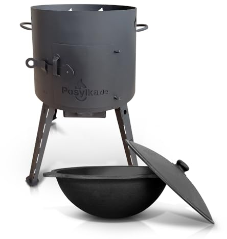 Utschak - Horno de fuego con olla de hierro fundido con base redonda con tapa (12 L) Kazan KazanoFF, Учаг, exterior, brasero, camping, kazán, cañón de goulash, horno holandés (Set 1-12)