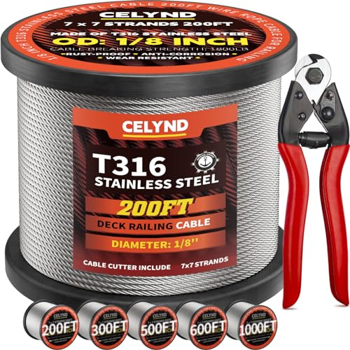 CELYND Stainless Steel Cable for Railing - 200FT 1/8 T316 Wire Rope Cable for Deck Railings System Kit with Cutter