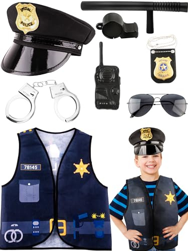 Puteraya 8 Pcs Kids Police Costume Set Police Vest Hat Prop Toys Police Officer Dress Up for Boys Career Day Halloween Party