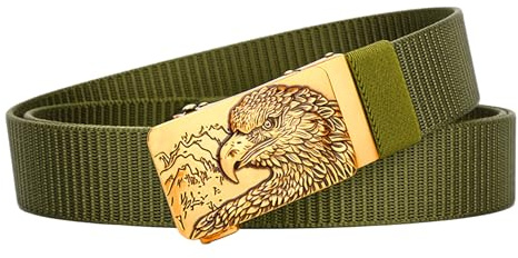 VJK Men's Ratchet Web Belt with 3D Eagle's Head Buckle, Nylon Automatic Buckle Belt, No Holes Invisible Belt for Men, Automatic Adjustable, Comfort Trim to Fit