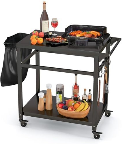 FANTASK Chariot de Barbecue d'extérieur avec 2 étagères, 4 roulettes et Crochets, Table d'appoint pour Barbecue, Chariot de Jardin, Chariot de Jardin pour l'extérieur, Noir