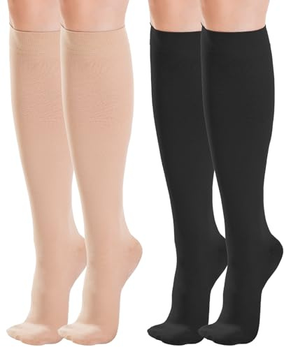 2 Pares Medias de Compresión Mujer y Hombre 20-30 mmHg, Calcetines de Compresion Médicos para Varices, Circulación y Hinchazón, Embarazo, Running, Viajes y Trabajo (Negro+Beige, M)