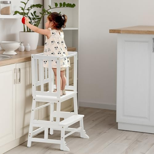 COSYLAND Toddler Kitchen Step Stool Tower - Kids Nursery Step Stool Standing Tower for Kitchen Counter - Mothers' Helper Kids Learning Stool, Made of Natural Solid Bamboo (White)