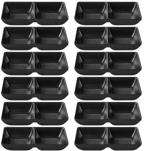 byepica Juego de cuencos dobles de melamina de 12 unidades, cuencos para servir con patrón estrellado de 6 pulgadas, platos de salsa divididos negros para eventos, fácil cuidado y funcional