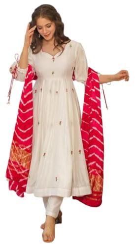 The Red Lion Enterprise Women's White Chanderi Flared Anarkali Kurti Set with Pant and Lagdi Patta Dupatta for Festive Wear, Off-white, Large
