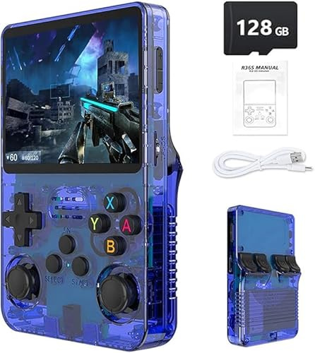 Gziztx Console di gioco portatile retrò R36S: oltre 21.000 giochi classici, schermo IPS da 3,5, memoria da 64 GB/128 GB, dispositivo di gioco portatile Linux (128G-Blu)