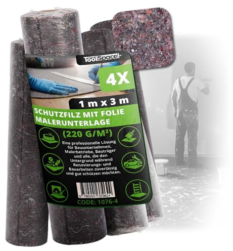ToolSpace 4x Telo Protettivo per Imbianchiniper Pavimenti 220 g/m² Protezione per Ristrutturazioni 1 m x 3 m Telo Antipolvere Rivestimento Antiscivolo Protezione per Scale Mobili