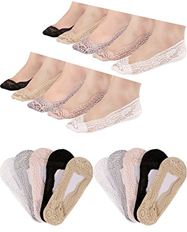 Hestya 10 Pairs No Show Lace Boat Socks Non Slip Ankle Socks Invisible Socks for Women Favors, 5 Colors, One Size