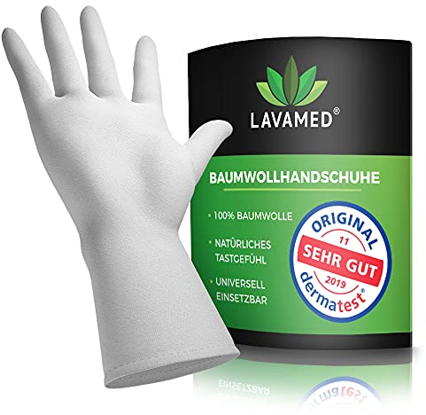 Gants en coton blancs (Dermatest: Excellent) soins de nuit, peaux sensibles/peau atopique, sous-gants hydratants, cérémonie, photo négatifs, numismatique, anti-traces (3 paires, L)