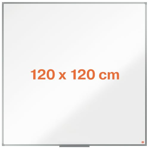 Nobo Steel Magnetic Whiteboard, 1200 x 1200mm, Aluminium Trim, Corner Wall Mounting, Includes Whiteboard Pen Tray, Essence Range, 120 x 120cm, White, 1915449