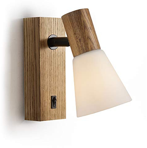 Ouglres Applique murale en bois avec interrupteur, lampe murale en verre minimaliste moderne, abat-jour pivotant rétro, intérieur design industriel lampe pour intérieur salon chambre