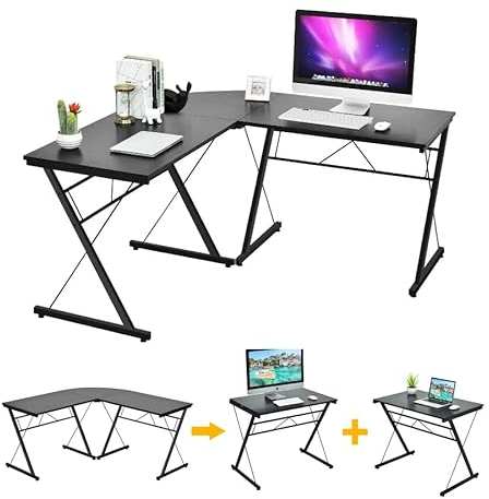 Giantex Escritorio de Ordenador en Forma de L, Mesa de Esquina con Patas en Forma de X, Convertible en 2 Mesas, 150 x 150 x 76 cm, Mesa Esquinera para Oficina, Dormitorio, Estudio (Negro)