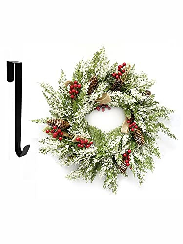 Artificial Christmas Wreath with Hanger for Front Door with Pine Cone, Red Berries, Burlap Ribbon & Snowflake, Indoor Outdoor Holiday Wall Windows Wreath Flocked with Mixed Decorations 23inch