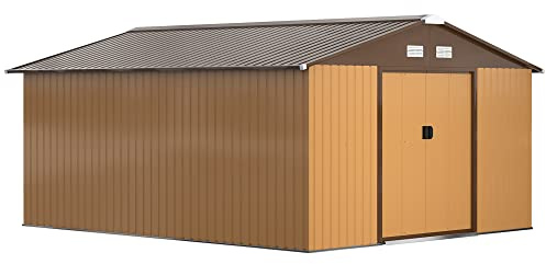 Outsunny Caseta de Jardín Exterior, 12,4 m² 340x386x200 cm Cobertizo de Jardín Exterior Metálico con Puertas Dobles con Cerradura Kit de Fundación y Ventilación para Almacenaje Bicicletas Ocre Oscuro