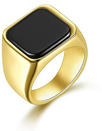 Joliernelle Men's Signet Ring Gold/Stainless Steel Simple Band Ring Set with Black Onyx Size O to Z