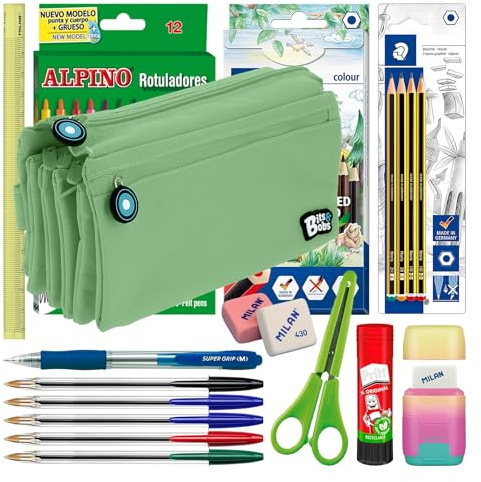 ColePack set med fyra fack för skolmapp med 4 dragkedjor och skolmaterial från toppmärkena ingår (mynta)