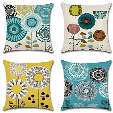 OCEUMACO Leinen Kissenbezug 40x40 Blumen Kissenhülle 4er Set Sofakissen Dekokissen Bezug für Couch Sofa Geometrische Muster Kissen Kissenbezüge Outdoor Deko Zierkissen Couchkissen - Türkis Gelb
