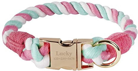 Personalized Dog Collar Custom Engraved Pet Name Number Soft Braided Cotton Rope Collars and Leash for Smal and Medium Boy Girl Dogs (Rose Pink)