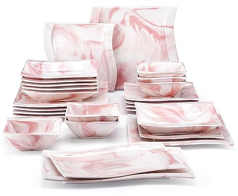 MALACASA Dinner Sets,26 Piece Plates and Bowls Sets,Porcelain Square Dinnerware Sets with 6-Piece Dinner Plates/Soup Plates/Side Plates/Bowls and 2 Serving Platters,Service for 6,Marble Pink