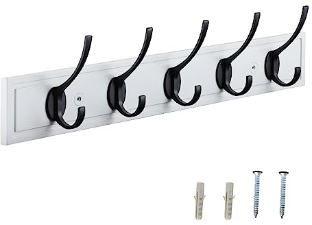 HOME MASTER HARDWARE Coat Rack Wall Mount White,MDF Wall Mounted Coat Hooks for Hanging Coats, 27 Hat Rack for Wall with 5 Black Hooks