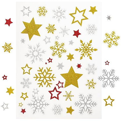 5 Fogli Adesivi Natalizi Stelle Glitterati Adesivi Stelline Oro Argento Stickers Natale per Pacchetti Pacchi Regalo Biglietti Decorazioni