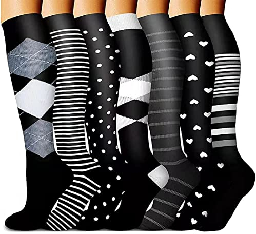 Tlynsnil 7 Paar kompressionsstrümpfe für Damen und Herren, 15-20 mmHg ist am besten Flug, Sport, Reisen,Laufen, Bunte Kompressionssocken Stützstrümpfe für Krankenschwester (HEIHUA, L-XL)