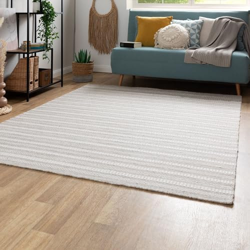 Steffensmeier Handweb Teppich Habo | Wolle (Schurwolle), Grau, Größe: 70x140 cm Wohnzimmer und Schlafzimmer